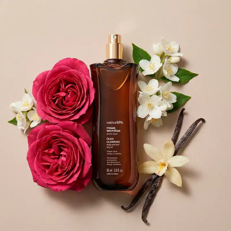 Ambiente aconchegante com rosas vermelhas, jasmins brancos e um frasco de óleo corporal multifuncional da marca Nativa SPA Rosas Secretas, em tons de roxo, em um fundo bege, sugerindo um contexto de máxima fragrância e cuidados pessoais.