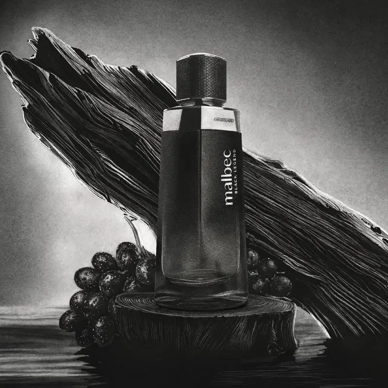 Imagem de um frasco de desodorante colônia Malbec Black Legend  preto com rótulo em letras brancas em fundo cinza vibrante com uvas pretas e arte escura atrás da embalagem.