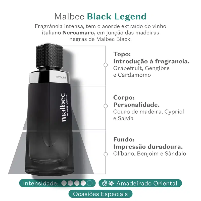 Imagem de um frasco de desodorando colônia preto com tampa preta e detalhes em prata. Rótulo com texto "Malbec Black Legend" em letras brancas. Formato retangular com superfície texturizada. Ao lado, informações sobre a fragrância e suas notas olfativas.