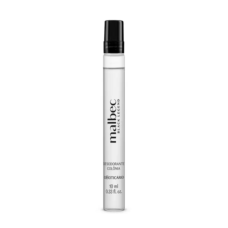 Imagem de frasco cilíndrico de vidro transparente com tampa preta, contendo desodorante colônia da marca Malbec Black Legend, com rótulo em letras pretas legíveis. A embalagem traz 10ml de produto da fragrância.