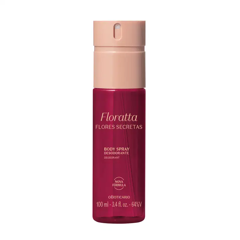 Imagem de um frasco vinho com tampa rosa e letras amarelas contendo 100ml de body spray desodorante da marca Floratta Flores Secretas.
