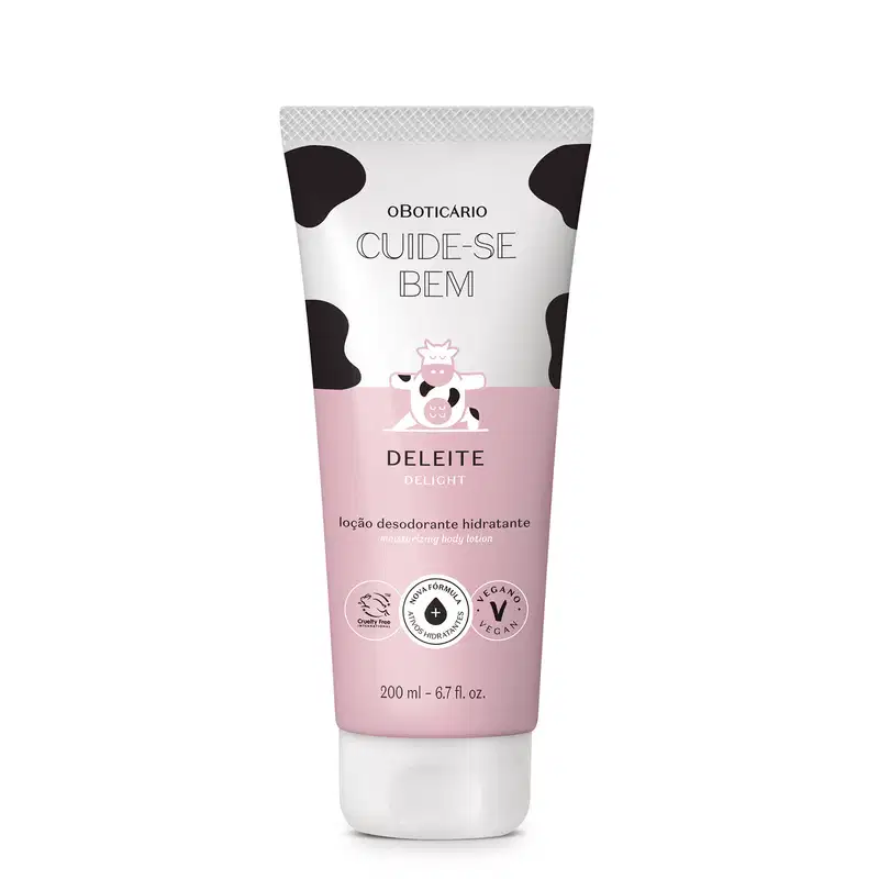 O produto apresentado é um creme hidratante corporal da marca Cuide-se Bem, com o nome "Deleite" impresso no rótulo. A embalagem é um tubo branco com detalhes em preto e rosa, com uma ilustração de uma vaca estilizada.