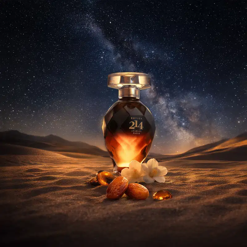 Frasco de item de perfumaria Botica 214 Arabian Oasis em meio a flores de baunilha, pêssegos desidratados e cristais de âmbar sobre areia do deserto, com céu noturno estrelado e Via Láctea ao fundo.