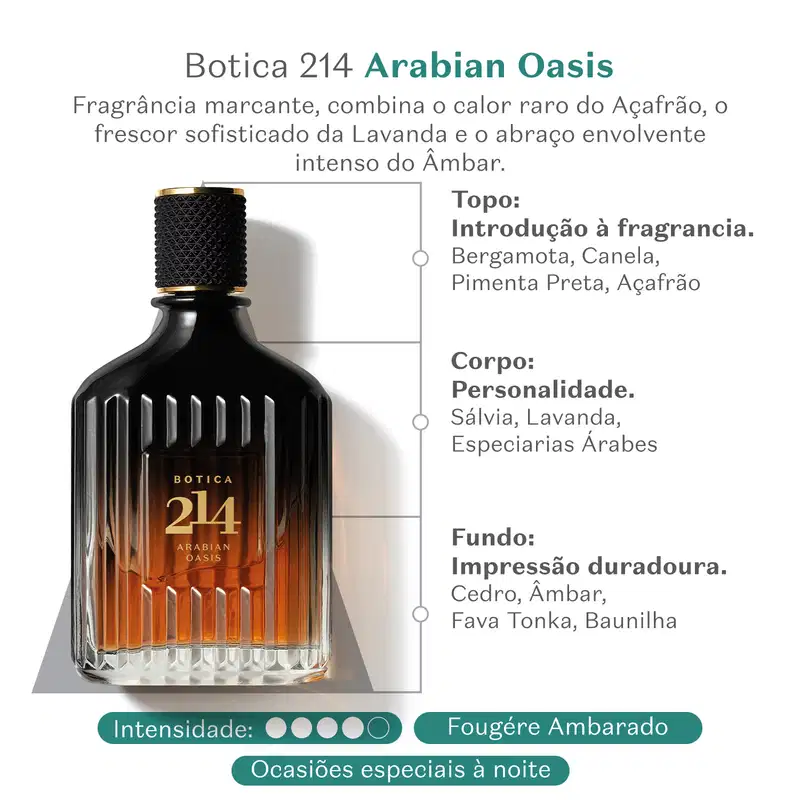 Fragrância marcante, com notas de Bergamota, Canela, Pimenta Preta e Açafrão, em embalagem preta e dourada. Produto da marca Botica 214, com personalidade de Sálvia, Lavanda e Especiarias Árabes, para ocasiões especiais à noite.