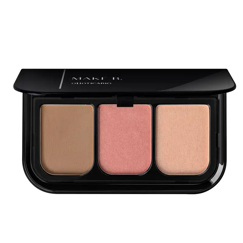 Imagem da paleta de maquiagem Make B. Pink Hit com três tons de blush compacto em cores bege, rosa e dourado, em embalagem preta com logotipo da marca.