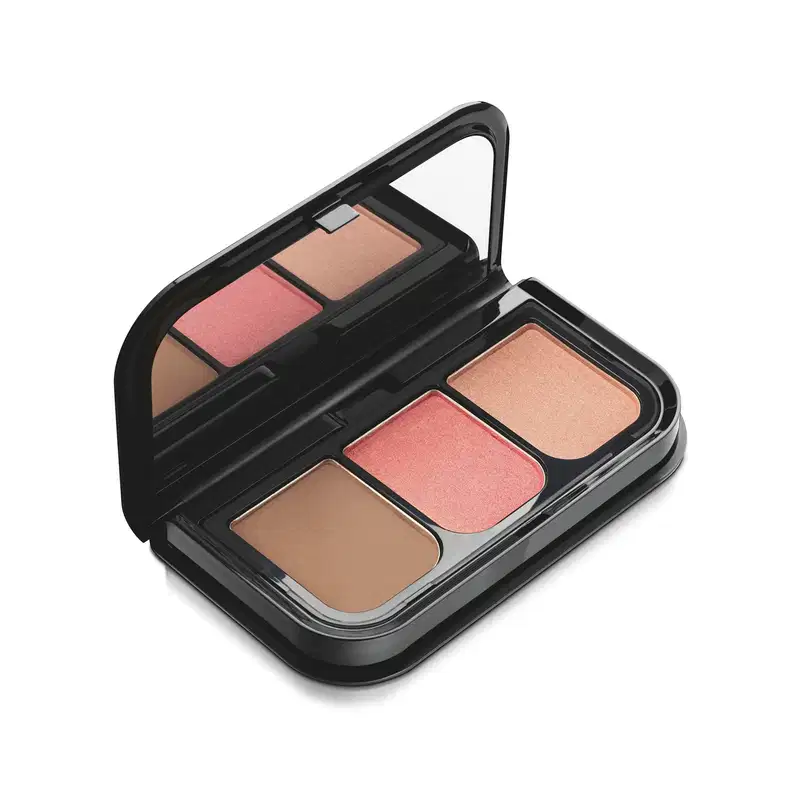 Imagem da paleta de maquiagem Make B. Pink Hit com três tons de blush compacto em cores bege, rosa e dourado, em embalagem preta com espelho.