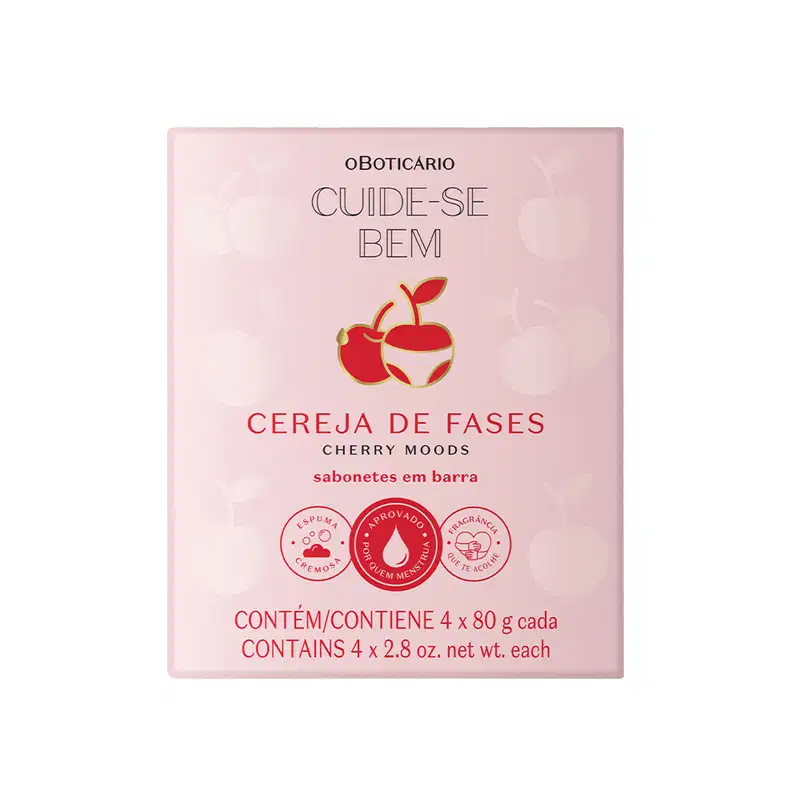 Caixa de sabonetes em barra com aroma de cereja, da marca Cuide-se Bem. Contém 4 unidades de 80g cada, com espuma cremosa e aprovado para uso. Embalagem rosa com ilustração de maçãs vermelhas.