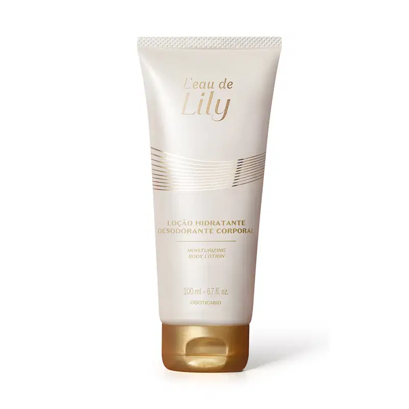 Frasco branco e com tampa e letras douradas contendo 200ml de  loção hidratante desodorante corporal da marca L'eau de Lily.