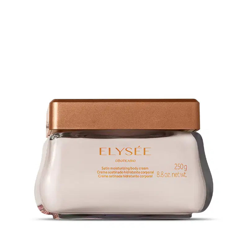 Creme corporal hidratante Elysée em embalagem de 250g, com tampa dourada e rótulo branco com texto em laranja. Produto da linha Elysée Botticario para hidratação da pele.
