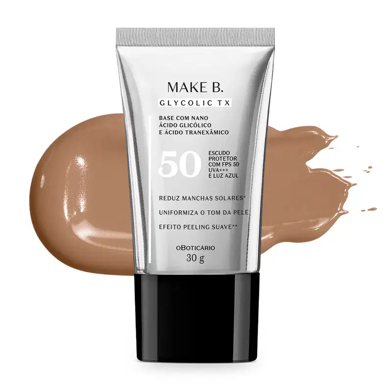 Imagem do tubo de Base Líquida Make B. Glycolic TX  Cor 190 sobre superfície branca, com uma quantidade do produto embaixo da embalagem, apresentando a sua real tonalidade.