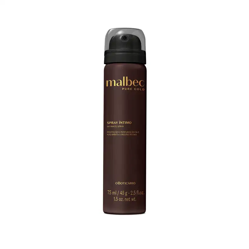 Imagem de um frasco de spray íntimo da marca Malbec Pure Gold na cor vinho, com rótulo em dourado contendo o nome da marca em destaque.