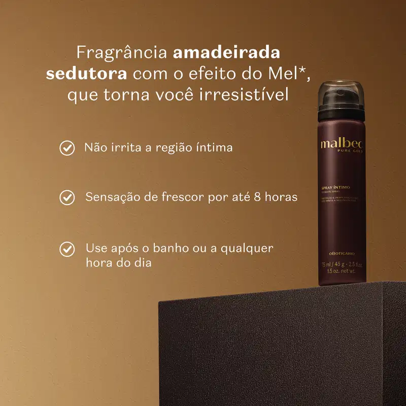 Imagem de um frasco de spray íntimo da marca Malbec Pure Gold sobre superfície escura em ambiente com tons de marrom, com texto descrevendo propriedades do produto.