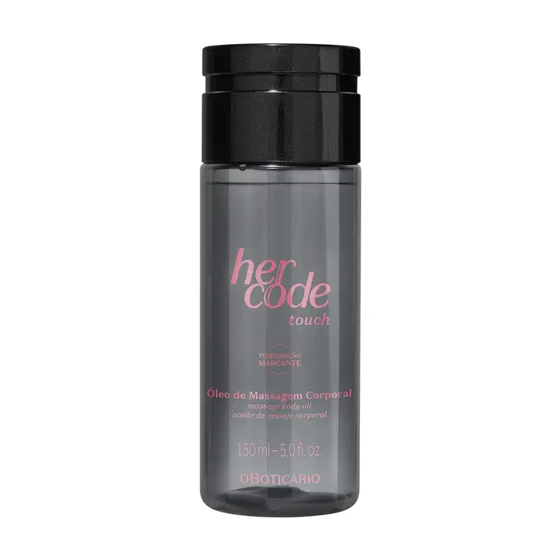 Frasco transparente cinza com líquido claro, tampa preta e letras douradas contendo 150ml de óleo de massagem corporal da marca Her Code Touch.