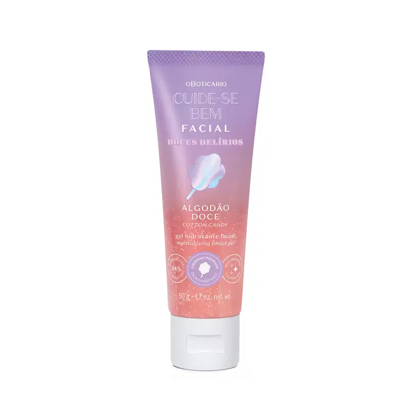 Imagem de um frasco de gel hidratante facial da marca Cuide-se Bem Algodão Doce, com embalagem em tons de roxo e rosa, tampa branca e rótulo contendo um algodão doce ilustrado.
