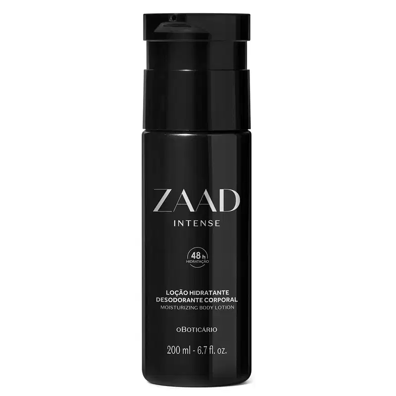 Imagem de um frasco preto de loção hidratante corporal da marca Zaad Intense, com rótulo visível em letras brancas.