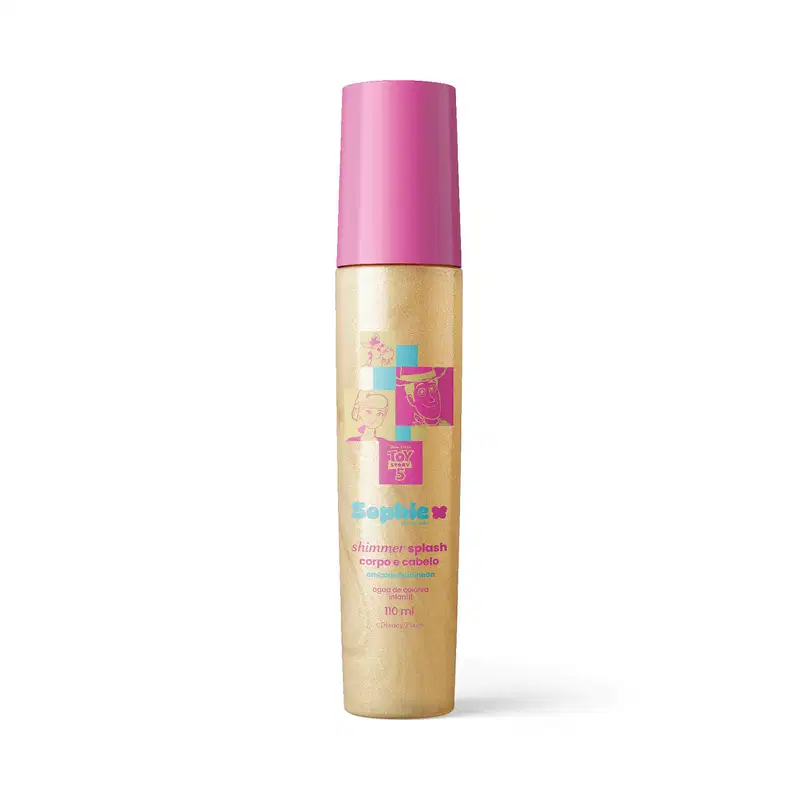Frasco de item de perfumaria em formato cilíndrico com tampa rosa. Embalagem dourada com ilustrações coloridas e texto "Shimmer Splash Corpo e Cabelo" e "Sophie". Produto da linha Toy Story 5 da Disney.