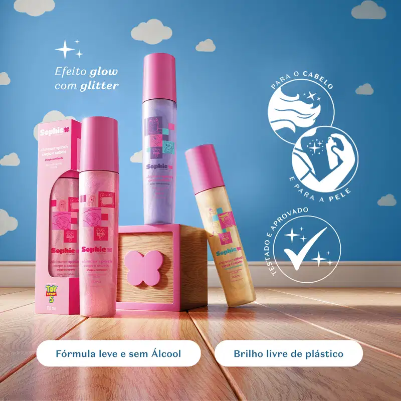 Imagem de produtos de beleza da marca Sophie, incluindo um item de perfumaria com efeito brilhante com glitter e outro item de perfumaria com fórmula leve e sem álcool. Ambos os produtos exibem ícones indicando que são aprovados e adequados para o cabelo.