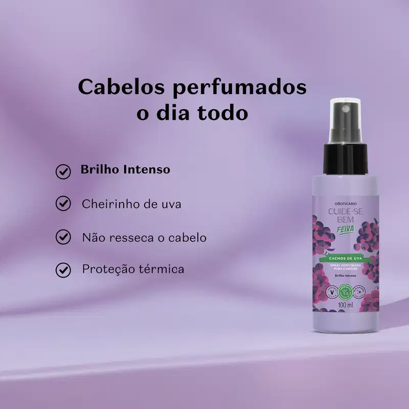 Frasco de spray perfumado para cabelos da marca Cuide-se bem Feira Cachos de Uva, em fundo roxo, com texto descrevendo seus benefícios, como brilho intenso, cheiro de uva e proteção térmica.