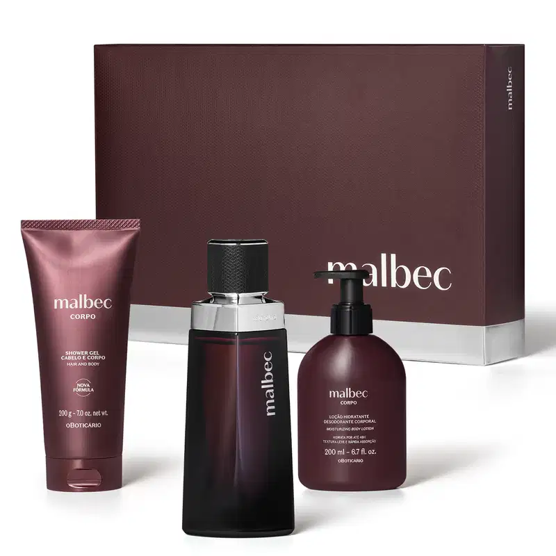 Conjunto de produtos de beleza da marca Malbec, incluindo um frasco de perfume, um recipiente de loção corporal e um tubo de gel de banho, todos em embalagens de design moderno e cores predominantemente marrons.