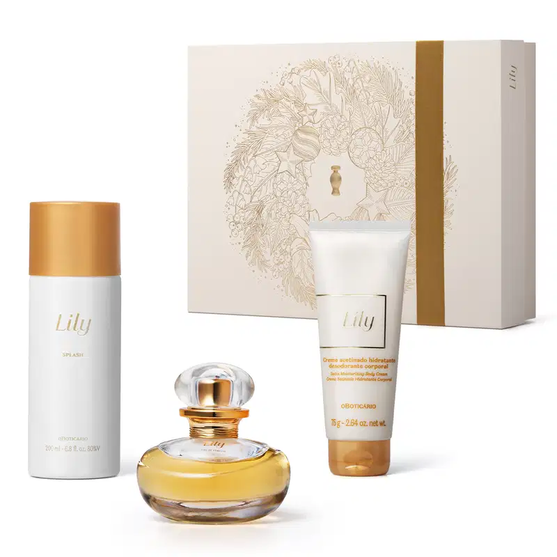 Imagem do Kit Presente Natal Lily com um vidro redondo com líquido bege de desodorante colônia, um frasco branco e dourado de body splash, uma bisnaga branca e dourada de creme hidratante corporal e uma caixa presenteável rosa-claro com estampa floral.