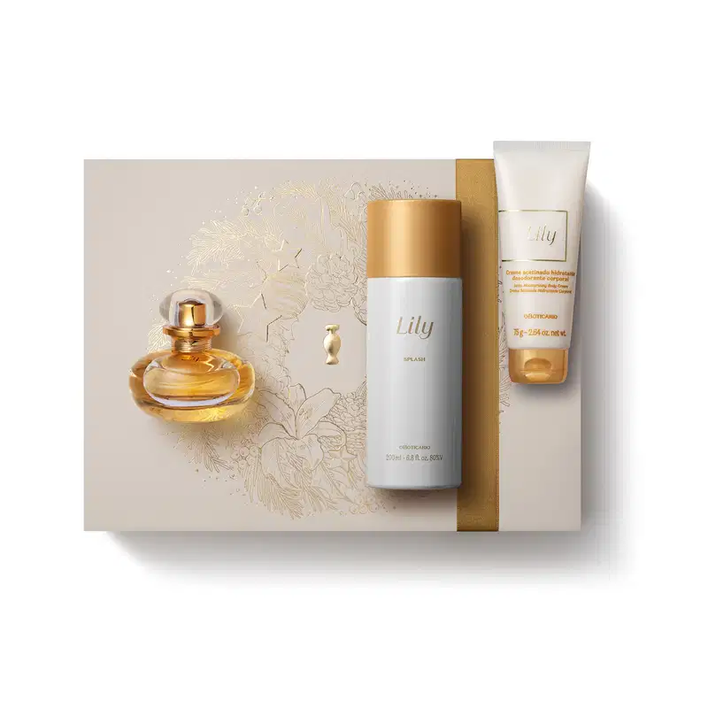 Imagem do Kit Presente Natal Lily com um vidro com líquido bege de desodorante colônia, um frasco branco e dourado de body splash e uma bisnaga branca e dourada de creme hidratante corporal sobre uma caixa presenteável rosa-claro com estampa floral.