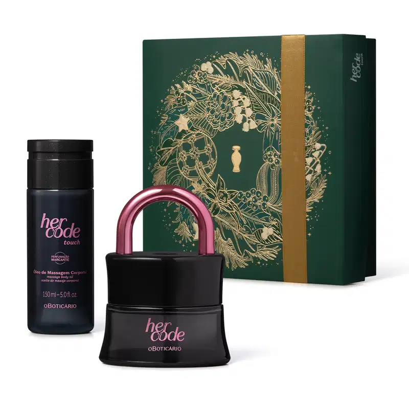 Imagem do Kit Presente Natal Her Code Touch com um vidro preto em formato de cadeado de desodorante colônia, um frasco preto de óleo de massagem corporal e uma caixa verde presenteável com estampa natalina.