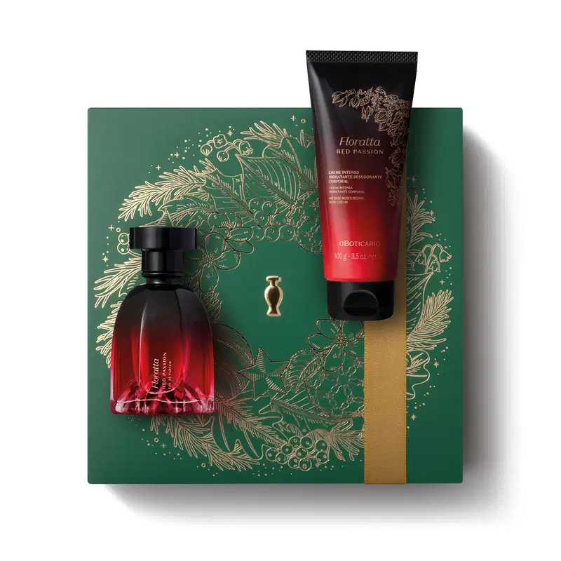Imagem do Kit Presente Natal Foratta Red Passion com um vidro vinho e preto de desodorante colônia e um frasco na mesma cor de creme hidratante corporal sobre uma caixa verde presenteável com estampa natalina.