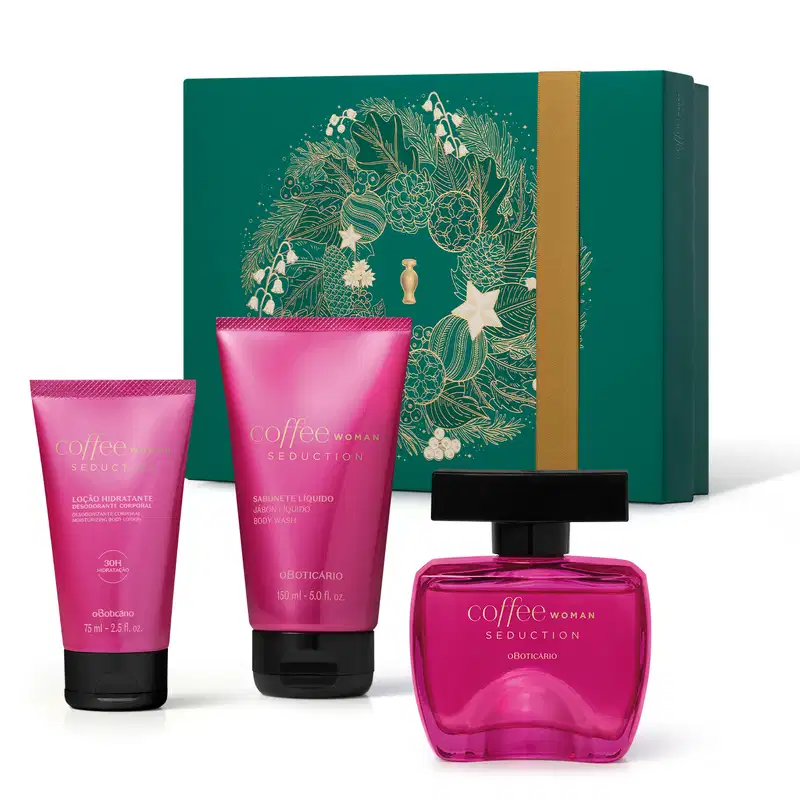 Imagem do Kit Presente Natal Coffee Woman Seduction com um frasco rosa e tampa preta de desodorante colônia, duas bisnagas pinks com tampa preta de sabonete líquido e loção hidratante corpora e uma caixa verde presenteável com ilustração natalina