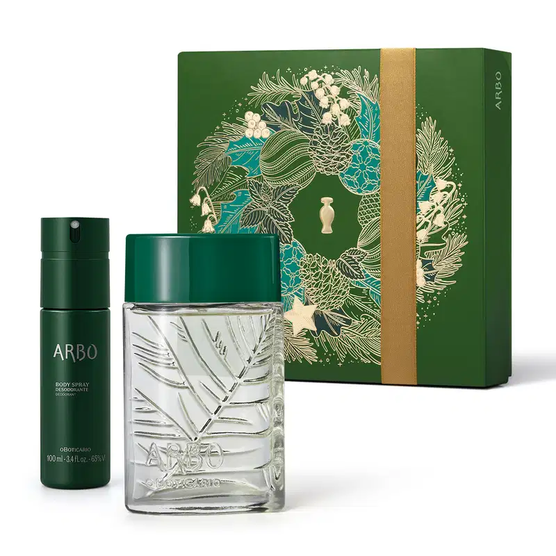Imagem do Kit Presente Natal Arbo que traz um frasco de vidro transparente com tampa verde de desodorante colônia masculina, um frasco cilíndrico verde-escuro fosco de body spray e uma caixa presenteável verde com estampa natalina.