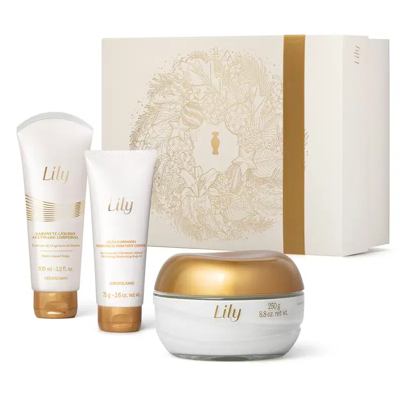 Imagem do Kit Presente Natal Lily com pote vidro e tampa dourada de creme hidratante corporal, duas bisnagas brancas e douradas, sendo uma de sabonete líquido e outra de geleia corporal e uma caixa presenteável rosa-claro com ilustração floral.