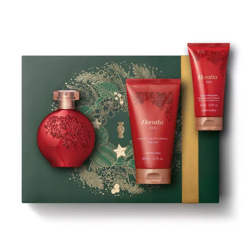 Imagem do Kit Presente Natal Floratta Red com vidro arredondado de desodorante colônia e dois frascos sendo um de sabonete líquido e outro de loção hidratante corporal sobre uma caixa verde com estampa natalina.
