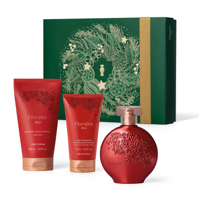 Imagem do Kit Presente Natal Floratta Red com vidro arredondado de desodorante colônia, dois frascos sendo um de sabonete líquido e outro de loção hidratante corporal e uma caixa verde com estampa natalina.