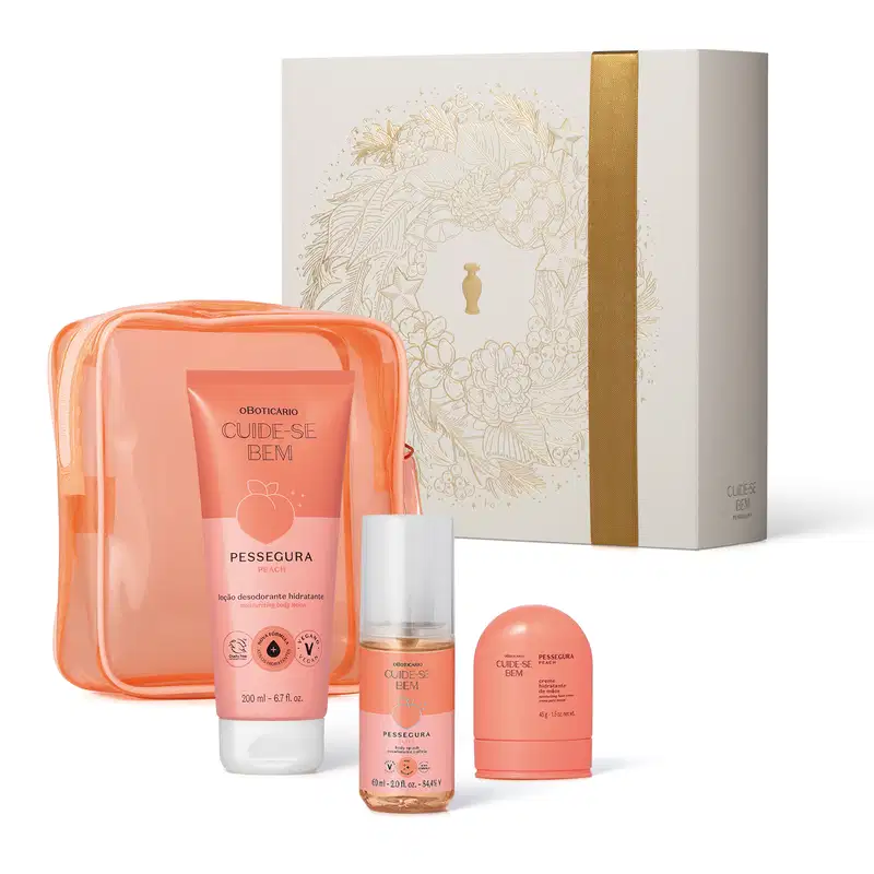 Kit natalino com 4 produtos da marca Cuide-se bem Pessegura, incluindo bisnaga de creme hidratante, frasco body spray, creme para mãos e um nécessaire em material plástico na cor laranja com transparência. Acompanha caixa de presente branca e dourada.