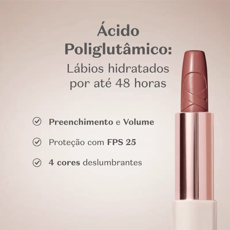 O batom possui uma embalagem branca com detalhes em dourado e a imagem é um gif mostrando várias cores do produto. Ao lado, um texto em letras pretas informando as características e benefícios do produto.