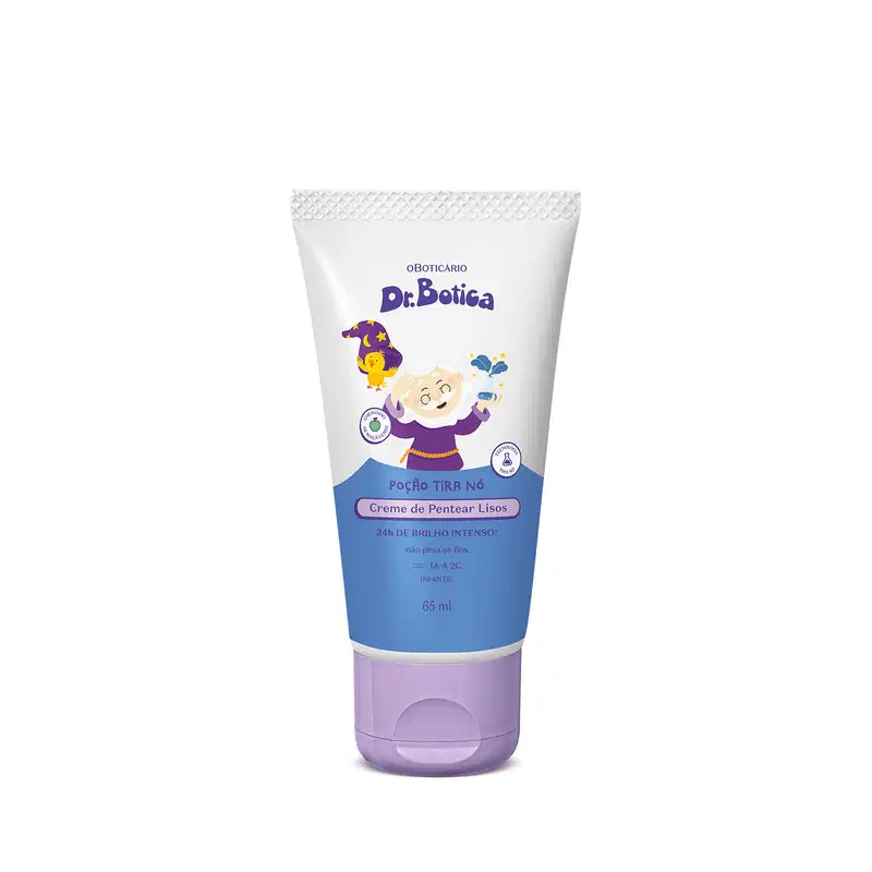 Creme de pentear infantil da marca Dr. Botica, em bisnaga branca e azul com detalhes em roxo, com texto "Poção tira nó" e informações sobre brilho intenso e uso infantil. Personagem do Mago Dr. Botica está ilustrado na embalagem.