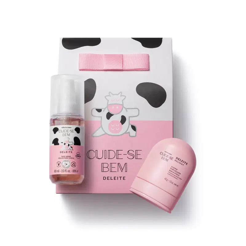 Imagem de um tubo compacto de creme para as mãos, frasco com líquido rosa de body splash e sacola de presente. Todos da linha Cuide-se Bem Deleite em tons de rosa, preto e branco com ilustração de vaquinha.