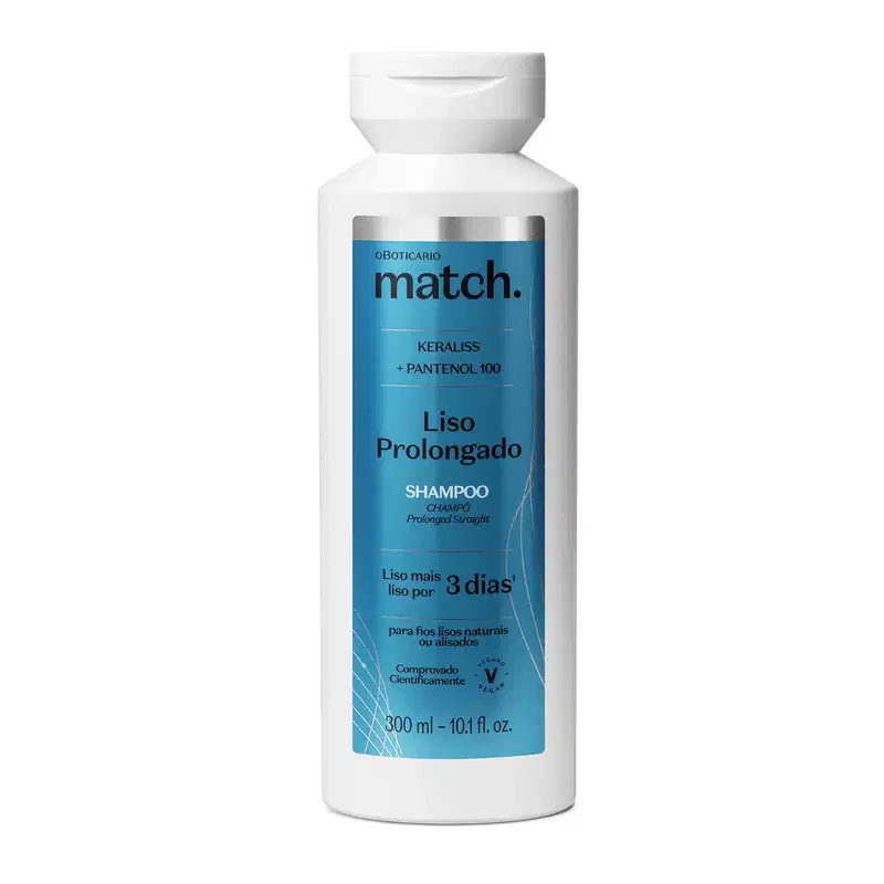 Imagem de um frasco branco de shampoo da marca Match. O rótulo azul metalizado com detalhes prateados contém informações sobre o produto "Liso Prolongado" e ingredientes como Keraliss e Pantenol 100. As informações estão em letras brancas e pretas.