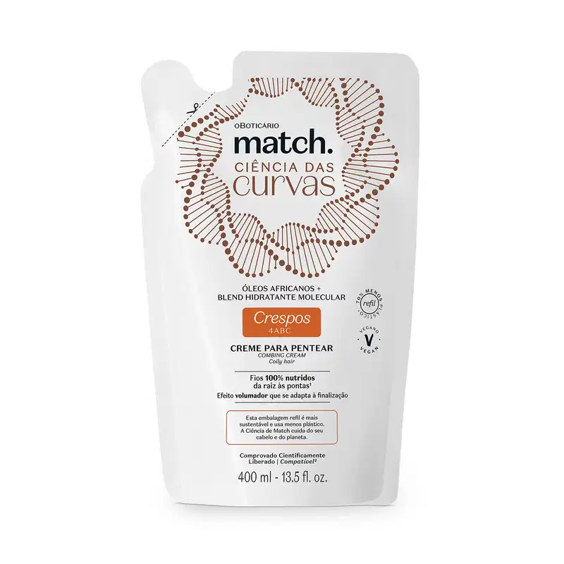 Imagem de embalagem refil branca de creme para pentear da marca Match, com design de círculos e linhas em marrom, informando "Ciência das Curvas" e "Crespos 4ABC" no rótulo.