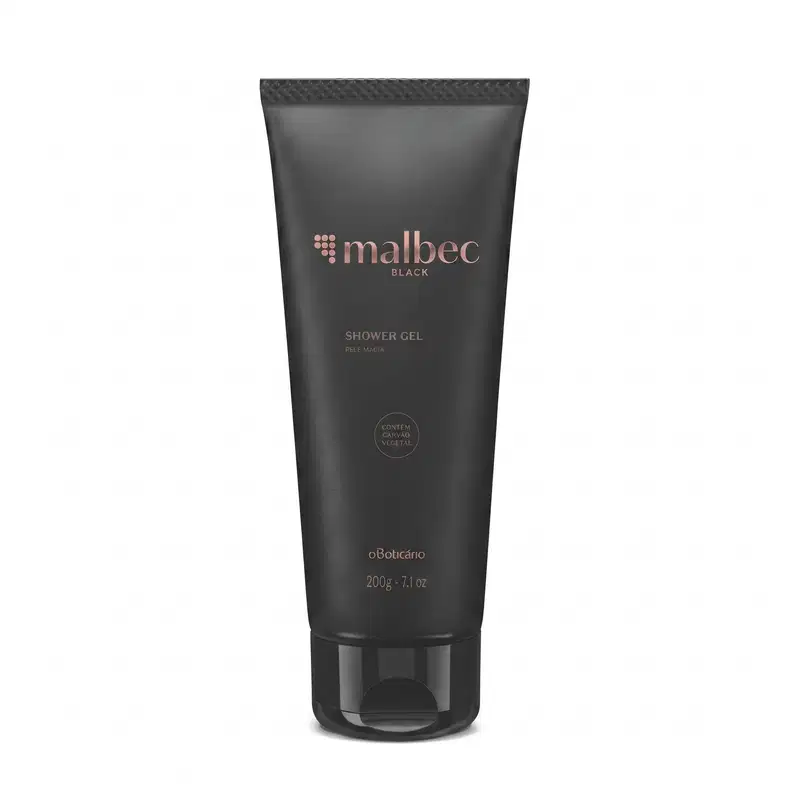Frasco de gel de banho da marca Malbec Black indicado para cabelo e corpo, com embalagem preta fosca e texto escrito rosa, contendo 200g do produto.
