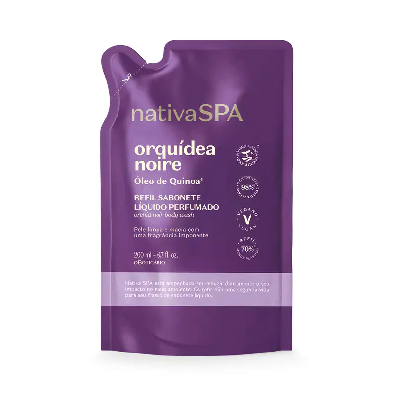 Imagem de um refil de sabonete líquido perfumado da marca Nativa SPA Orquídea Noire, com embalagem flexível de 200ml de cor roxa e texto em amarelo informando a fragrância e o ingrediente principal.