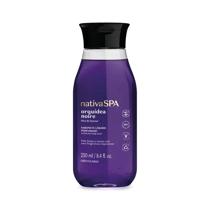 A imagem mostra um frasco de sabonete líquido perfumado Nativa SPA Orquídea Noire, na cor roxa, tampa preta e com rótulo destacando o nome e informações sobre o produto em letras douradas.