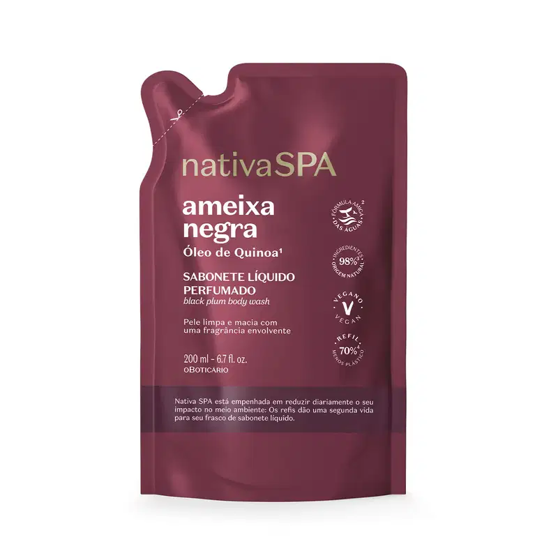 Imagem de embalagem refil de sabonete líquido perfumado da marca Nativa SPA, na cor vinho, com rótulo destacando o nome "Ameixa Negra" e informações sobre o óleo de quinoa na fórmula.