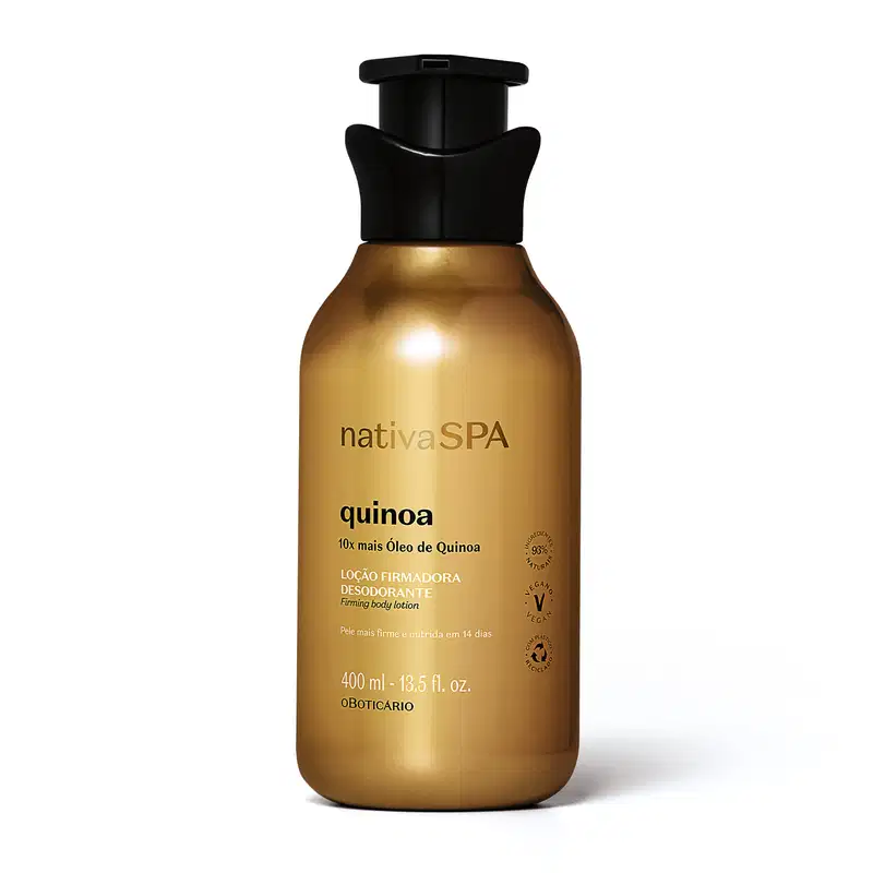 Imagem de um frasco de loção firmadora corporal da marca Nativa SPA Quinoa. A embalagem de 400ml é dourada, possui tampa preta e rótulo impresso em letras brancas e pretas 