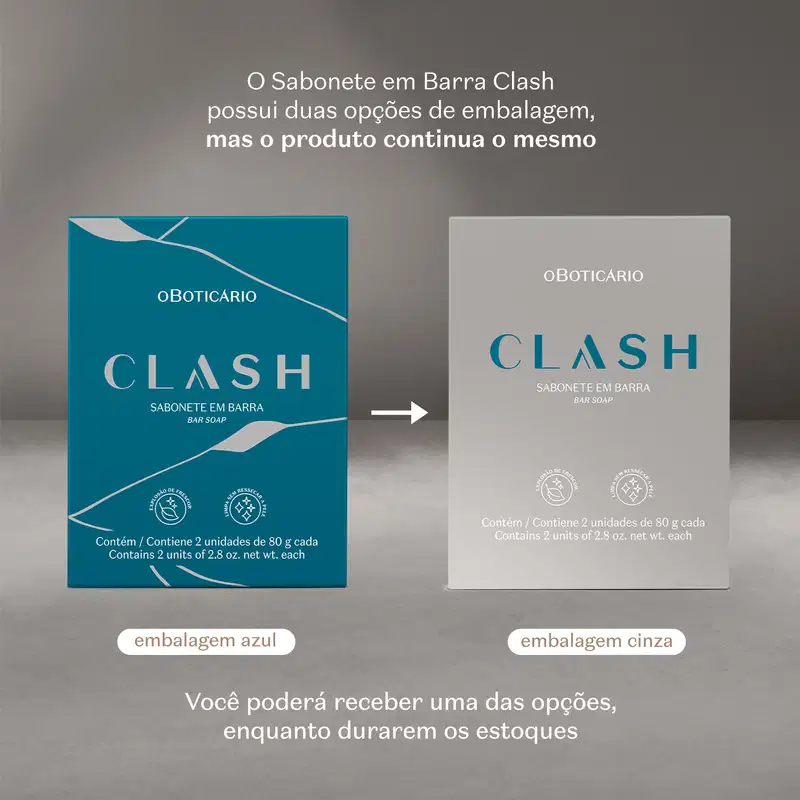 Duas opções de embalagem para o sabonete em barra Clash, sendo uma azul escuro e outra cinza com texto informando que há duas opções de embalagens para o mesmo produto.