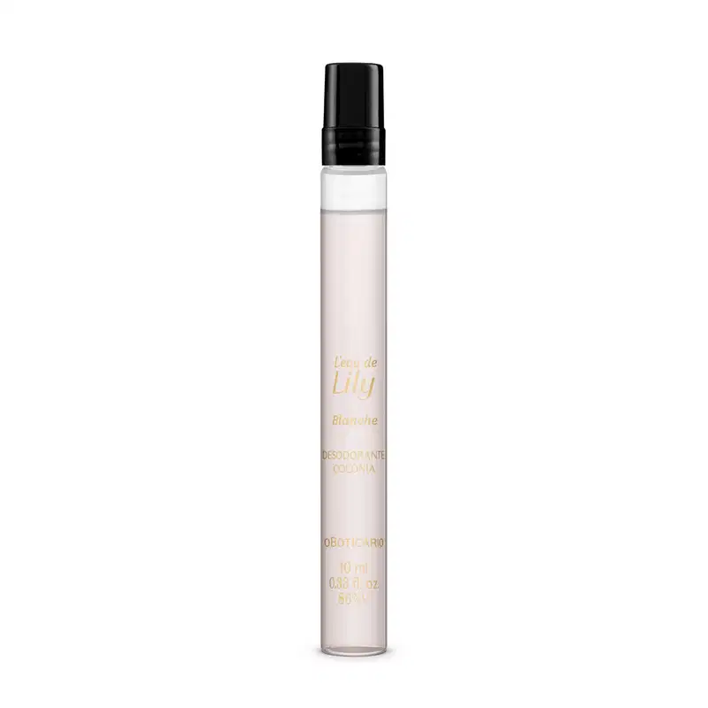 Frasco compacto e transparente de 10ml de L`eau de Lily Blanche Desodorante Colônia, com texto dourado contendo líquido transparente e tampa borrifadora preta.