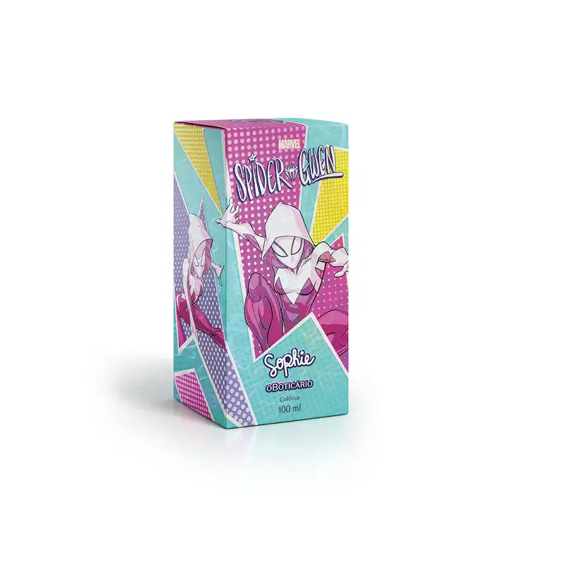 Caixa de item de perfumaria da marca Sophie Spider-Gwen, com design colorido e estampado de pontos, formas geométricas e ilustração da personagem em estilo quadrinhos.