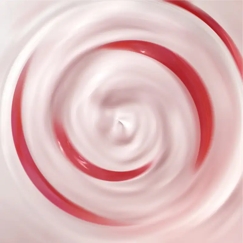 Textura em espiral predominantemente rosada com detalhes vermelhos, com brilho e consistência cremosa ocupando toda a imagem.