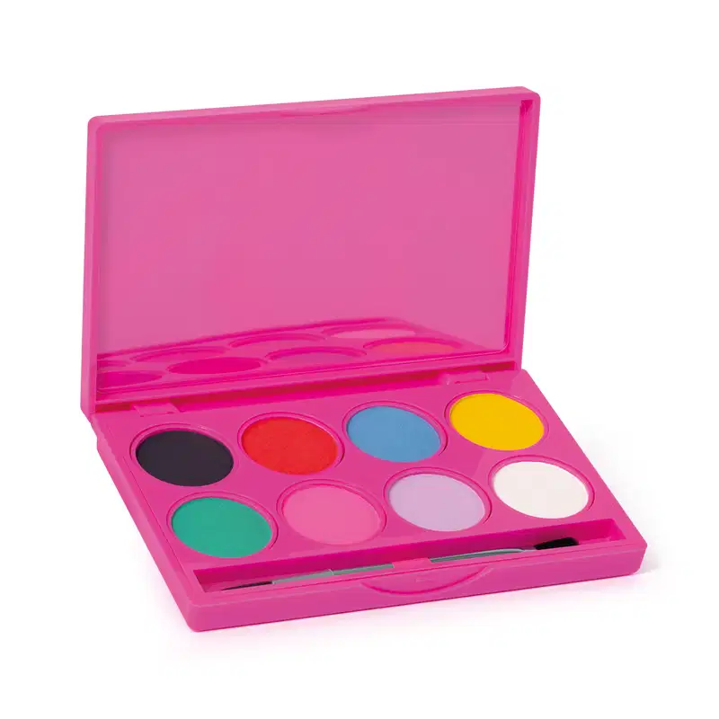 Paleta de maquiagem multifuncional com embalagem rosa e 8 tons vibrantes de maquiagem, espelho na tampa e pincel aplicador.
