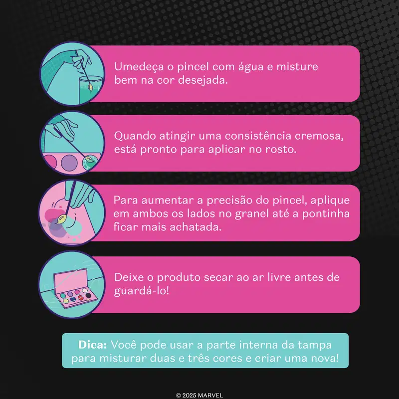 Imagem de instruções de uso da maquiagem multifuncional Sophie em 4 passos com textos e ilustrações sobre como aplicar o produto corretamente, incluindo dicas sobre o uso do pincel e a secagem do produto antes de guardá-lo.
