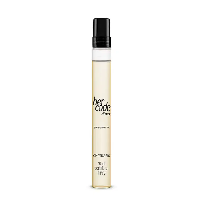 Frasco de perfume Her Code Climax, com 10 ml de conteúdo, embalagem preta e branca, com rótulo destacando o nome da marca e a descrição "Eau de Parfum".
